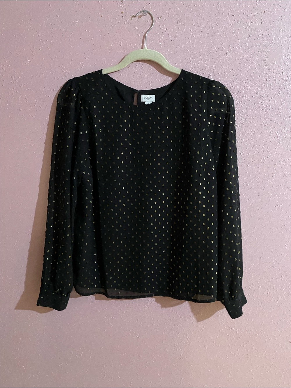 J Crew Black Long-Sleeve Metallic Dot Blouse size small